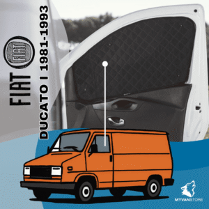 Rideaux occultants et isolants thermiques pare-soleil MyVanStore, conçus pour améliorer le confort et l’isolation des vans aménagés et camping-cars, compatibles avec Fiat Ducato I (1981–1993)