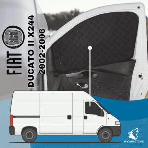 Rideaux occultants et isolants thermiques pare-soleil MyVanStore, conçus pour améliorer le confort et l’isolation des vans aménagés et camping-cars, compatibles avec Fiat Ducato II X244 (2002–2006)