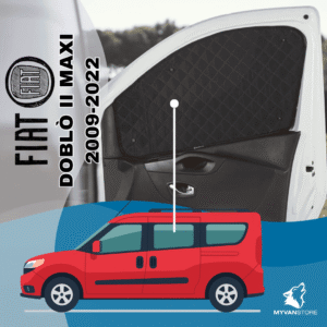 Rideaux occultants et isolants thermiques pare-soleil MyVanStore, conçus pour améliorer le confort et l’isolation des vans aménagés et camping-cars, compatibles avec Fiat Doblò II Maxi (2009–2022)