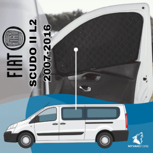 Rideaux occultants et isolants thermiques pare-soleil MyVanStore, conçus pour améliorer le confort et l’isolation des vans aménagés et camping-cars, compatibles avec Fiat Scudo II L2 (2007–2016)