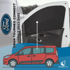 Rideaux occultants et isolants thermiques pare-soleil MyVanStore, conçus pour améliorer le confort et l’isolation des vans aménagés et camping-cars, compatibles avec Ford Grand Tourneo Connect II L2 (2013–2022)
