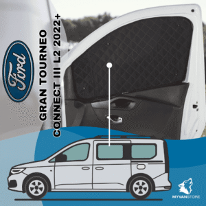 Rideaux occultants et isolants thermiques pare-soleil MyVanStore, conçus pour améliorer le confort et l’isolation des vans aménagés et camping-cars, compatibles avec Ford Grand Tourneo Connect III L2 (à partir de 2022)