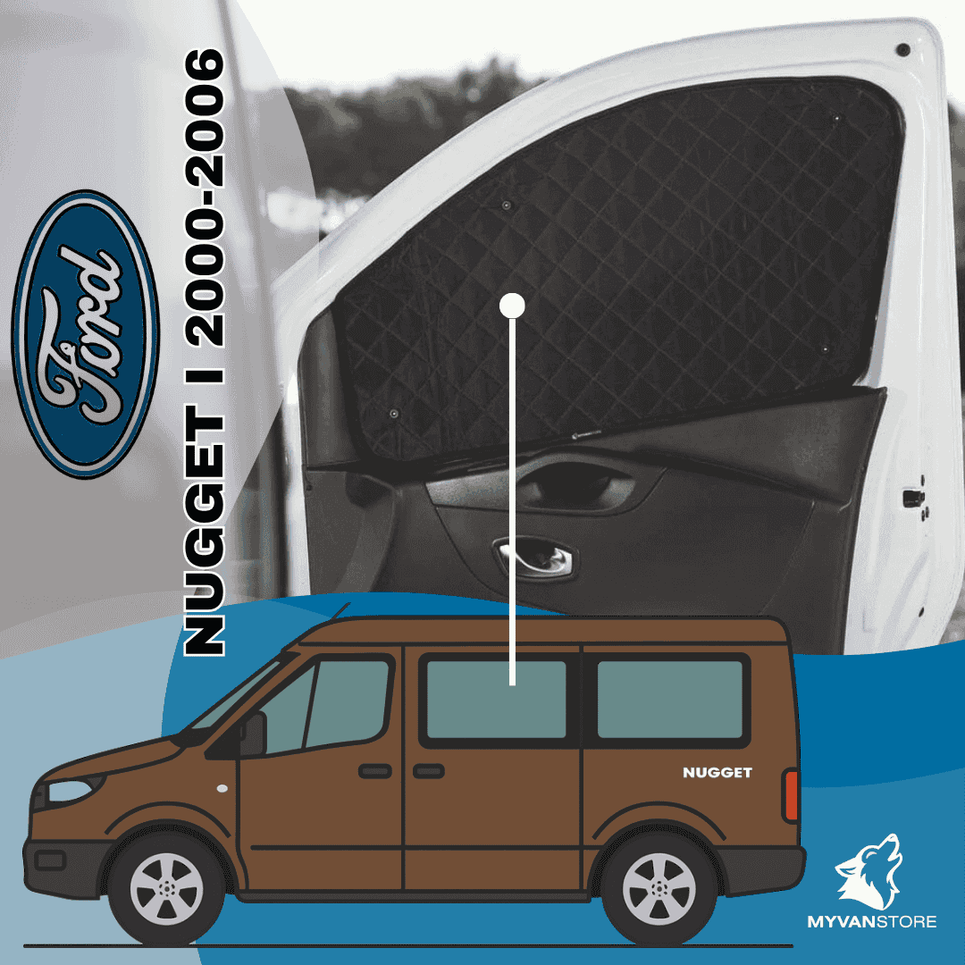 Rideaux occultants et isolants thermiques pare-soleil MyVanStore, conçus pour améliorer le confort et l’isolation des vans aménagés et camping-cars, compatibles avec Ford Nugget I (2000–2006)