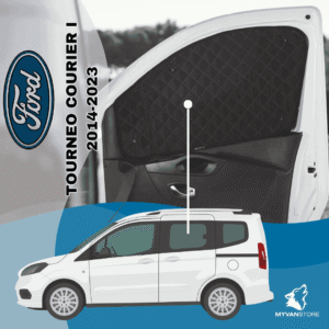 Rideaux occultants et isolants thermiques pare-soleil MyVanStore, conçus pour améliorer le confort et l’isolation des vans aménagés et camping-cars, compatibles avec Ford Tourneo Courier I (2014–2023)