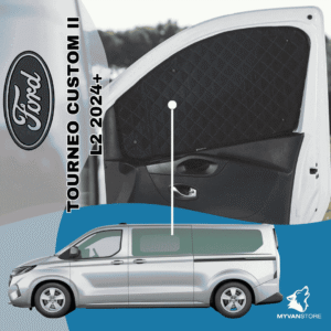Rideaux occultants et isolants thermiques pare-soleil MyVanStore, conçus pour améliorer le confort et l’isolation des vans aménagés et camping-cars, compatibles avec Ford Tourneo Custom II L2 (2012–2023)