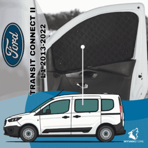 Rideaux occultants et isolants thermiques pare-soleil MyVanStore, conçus pour améliorer le confort et l’isolation des vans aménagés et camping-cars, compatibles avec Ford Transit Connect II L1 (2013–2022)