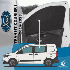 Rideaux occultants et isolants thermiques pare-soleil MyVanStore, conçus pour améliorer le confort et l’isolation des vans aménagés et camping-cars, compatibles avec Ford Transit Courier I (2014–2023)