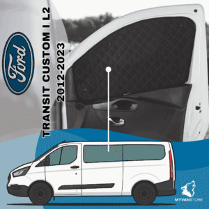 Rideaux occultants et isolants thermiques pare-soleil MyVanStore, conçus pour améliorer le confort et l’isolation des vans aménagés et camping-cars, compatibles avec Ford Transit Custom I L2 (2021-2023)