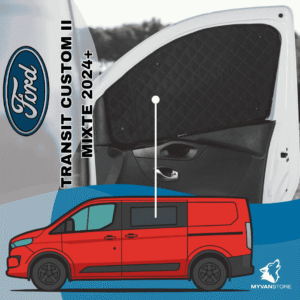 Rideaux occultants et isolants thermiques pare-soleil MyVanStore, conçus pour améliorer le confort et l’isolation des vans aménagés et camping-cars, compatibles avec Ford Transit Custom II Mixte (à partir de 2024)