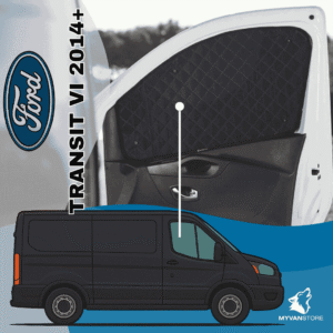 Rideaux occultants et isolants thermiques pare-soleil MyVanStore, conçus pour améliorer le confort et l’isolation des vans aménagés et camping-cars, compatibles avec Ford Transit VI (2014 +)