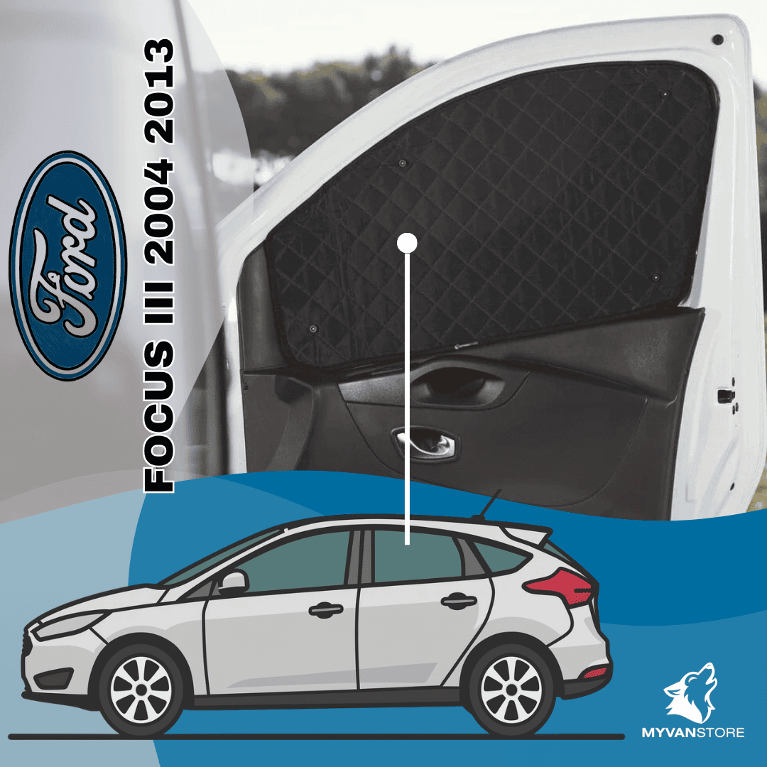 Rideaux occultants et isolants thermiques pare-soleil MyVanStore, conçus pour améliorer le confort et l’isolation des vans aménagés et camping-cars, compatibles avec Ford Focus III (2004–2013)