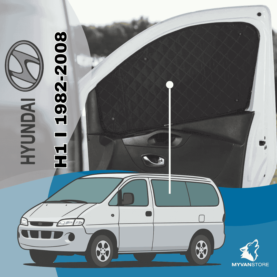 Rideaux occultants et isolants thermiques pare-soleil MyVanStore, conçus pour améliorer le confort et l’isolation des vans aménagés et camping-cars, compatibles avec Hyundai H1 I (1998–2008)