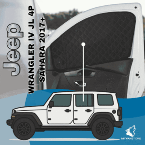 Rideaux occultants et isolants thermiques pare-soleil MyVanStore, conçus pour améliorer le confort et l’isolation des vans aménagés et camping-cars, compatibles avec Jeep Wrangler IV JL 4P Sahara (à partir de 2017)