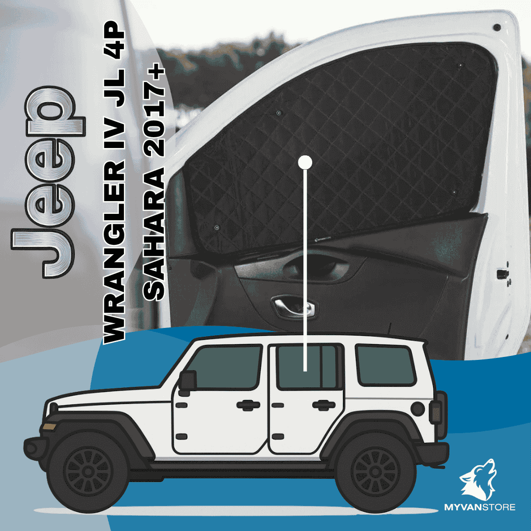 Rideaux occultants et isolants thermiques pare-soleil MyVanStore, conçus pour améliorer le confort et l’isolation des vans aménagés et camping-cars, compatibles avec Jeep Wrangler IV JL 4P Sahara (à partir de 2017)