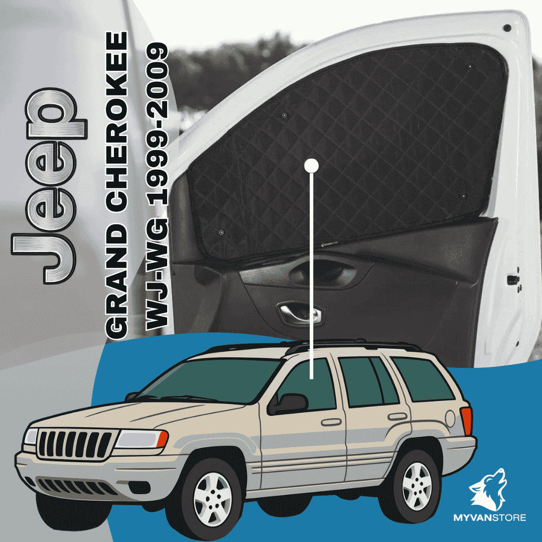 Rideaux occultants et isolants thermiques pare-soleil MyVanStore, conçus pour améliorer le confort et l’isolation des vans aménagés et camping-cars, compatibles avec Jeep Grand Cherokee WJ/WG (1999–2009)