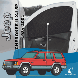 Rideaux occultants et isolants thermiques pare-soleil MyVanStore, conçus pour améliorer le confort et l’isolation des vans aménagés et camping-cars, compatibles avec Jeep Cherokee II XJ 5P (1984–2001)