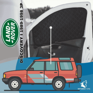 Rideaux occultants et isolants thermiques pare-soleil MyVanStore, conçus pour améliorer le confort et l’isolation des vans aménagés et camping-cars, compatibles avec Land Rover Discovery I 3P (1989–1998)