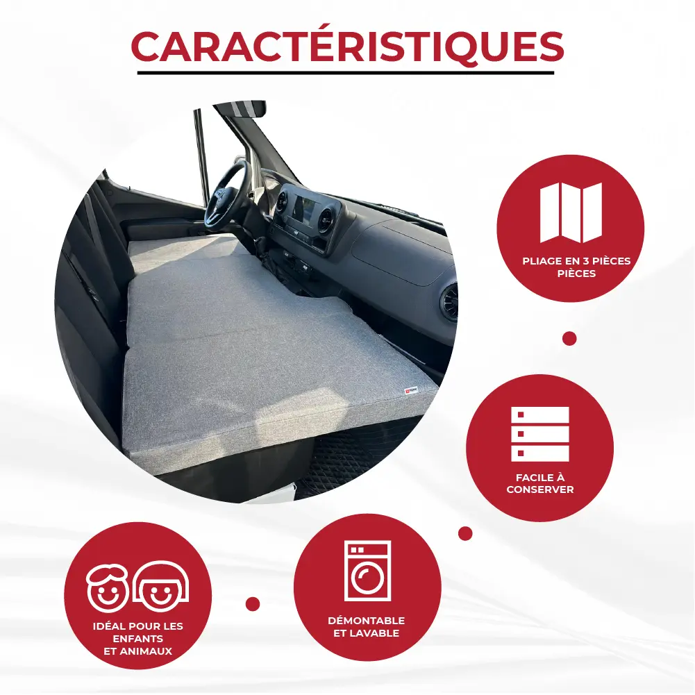 Materasso anteriore per cabina Mercedes Sprinter III dal 2019 MyVanStore progettato per van allestito e camper, ideale per offrire un posto letto confortevole e ottimizzare lo spazio tra i sedili anteriori