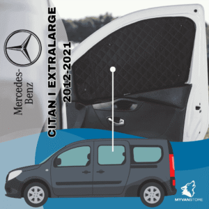 Rideaux occultants et isolants thermiques pare-soleil MyVanStore, conçus pour améliorer le confort et l’isolation des vans aménagés et camping-cars, compatibles avec Mercedes-Benz Citan I Extralarge (2012–2021)