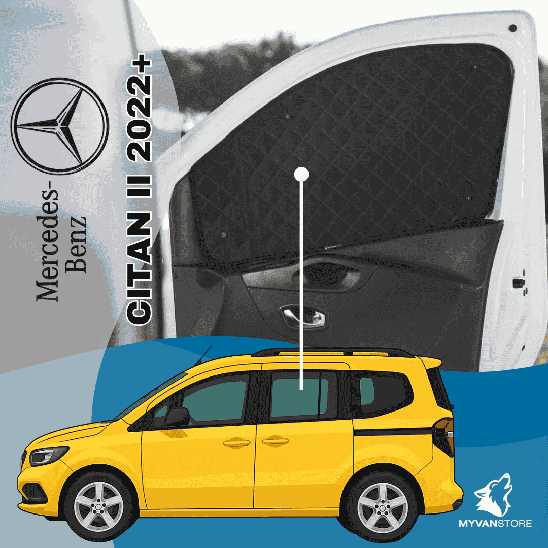 Rideaux occultants et isolants thermiques pare-soleil MyVanStore, conçus pour améliorer le confort et l’isolation des vans aménagés et camping-cars, compatibles avec Mercedes-Benz Citan II (à partir de 2022)