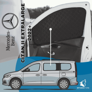 Rideaux occultants et isolants thermiques pare-soleil MyVanStore, conçus pour améliorer le confort et l’isolation des vans aménagés et camping-cars, compatibles avec Mercedes-Benz Citan II Extralarge (à partir de 2022)