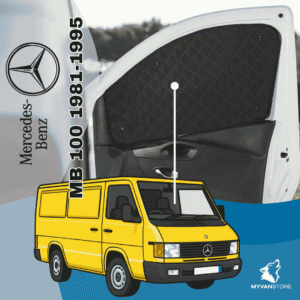 Rideaux occultants et isolants thermiques pare-soleil MyVanStore, conçus pour améliorer le confort et l’isolation des vans aménagés et camping-cars, compatibles avec Mercedes-Benz MB 100 (1981–1995)