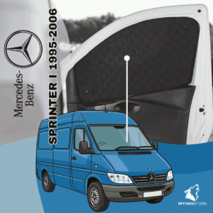 Rideaux occultants et isolants thermiques pare-soleil MyVanStore, conçus pour améliorer le confort et l’isolation des vans aménagés et camping-cars, compatibles avec Mercedes-Benz Sprinter I (1995–2006)