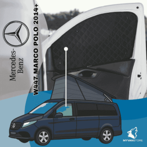 Rideaux occultants et isolants thermiques pare-soleil MyVanStore, conçus pour améliorer le confort et l’isolation des vans aménagés et camping-cars, compatibles avec Mercedes-Benz W447 Marco Polo (à partir de 2014)