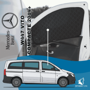 Rideaux occultants et isolants thermiques pare-soleil MyVanStore, conçus pour améliorer le confort et l’isolation des vans aménagés et camping-cars, compatibles avec Mercedes-Benz W447 Compacte (à partir de 2014)
