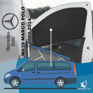 Rideaux occultants et isolants thermiques pare-soleil MyVanStore, conçus pour améliorer le confort et l’isolation des vans aménagés et camping-cars, compatibles avec Mercedes-Benz W639 Marco Polo (2003–2014)
