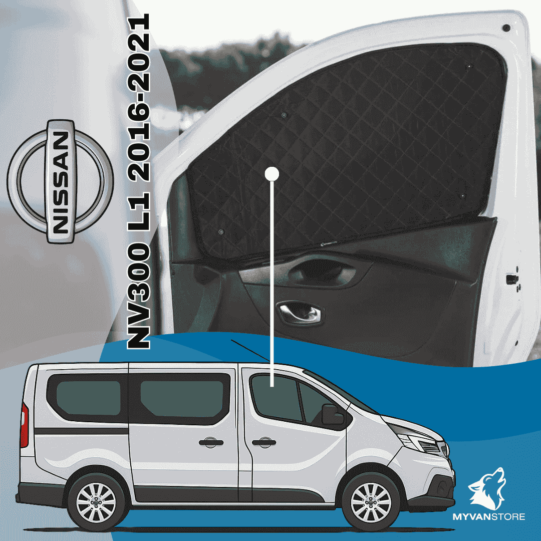 Rideaux occultants et isolants thermiques pare-soleil MyVanStore, conçus pour améliorer le confort et l’isolation des vans aménagés et camping-cars, compatibles avec Nissan NV300 L1 (2016–2021)