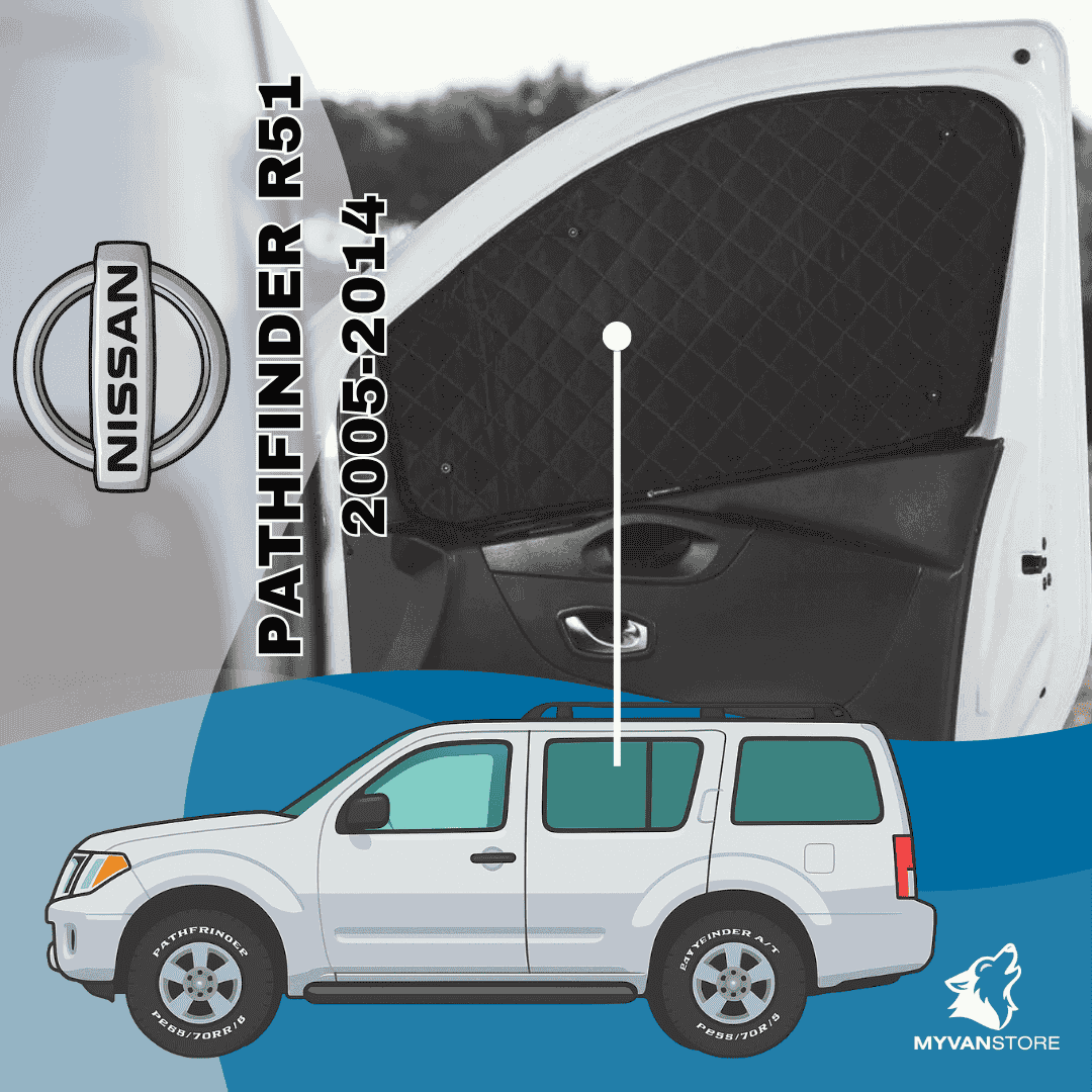 Rideaux occultants et isolants thermiques pare-soleil MyVanStore, conçus pour améliorer le confort et l’isolation des vans aménagés et camping-cars, compatibles avec Nissan Pathfinder R51 (2005–2014)