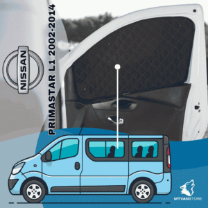 Rideaux occultants et isolants thermiques pare-soleil MyVanStore, conçus pour améliorer le confort et l’isolation des vans aménagés et camping-cars, compatibles avec Nissan Primastar L1 (2002–2014)