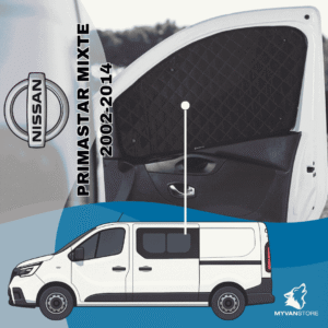 Rideaux occultants et isolants thermiques pare-soleil MyVanStore, conçus pour améliorer le confort et l’isolation des vans aménagés et camping-cars, compatibles avec Nissan Primastar Mixte (2002–2014)