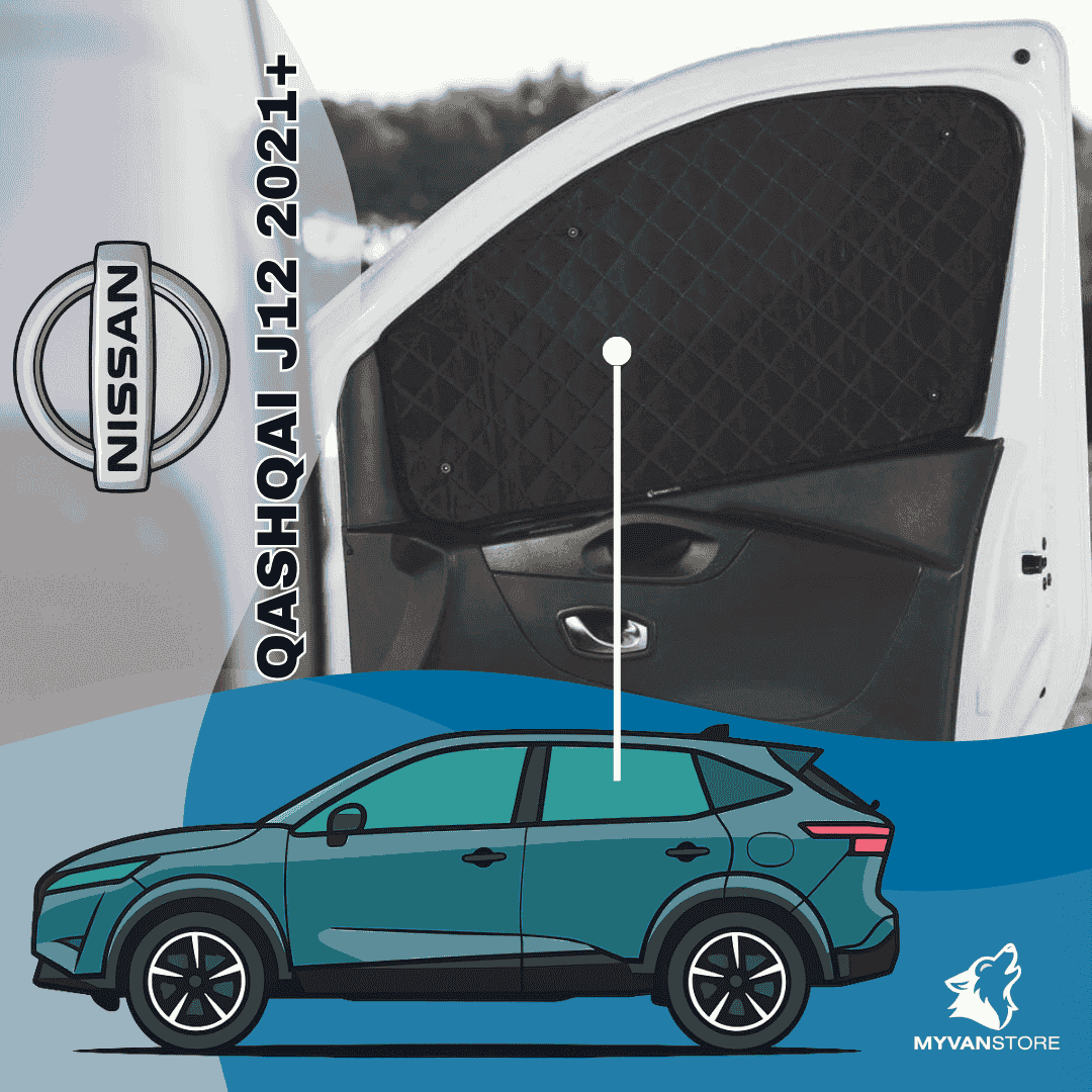 Rideaux occultants et isolants thermiques pare-soleil MyVanStore, conçus pour améliorer le confort et l’isolation des vans aménagés et camping-cars, compatibles avec Nissan Qashqai J12 (à partir de 2021)