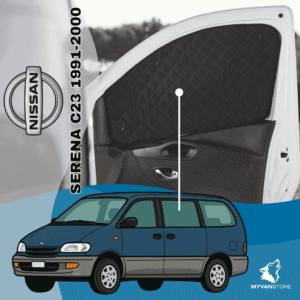 Rideaux occultants et isolants thermiques pare-soleil MyVanStore, conçus pour améliorer le confort et l’isolation des vans aménagés et camping-cars, compatibles avec Nissan Serena C23 (1991–2000)