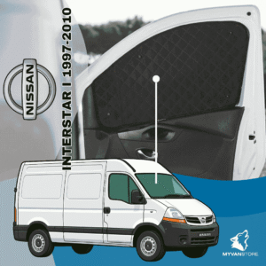 Rideaux occultants et isolants thermiques pare-soleil MyVanStore, conçus pour améliorer le confort et l’isolation des vans aménagés et camping-cars, compatibles avec Nissan interstar I