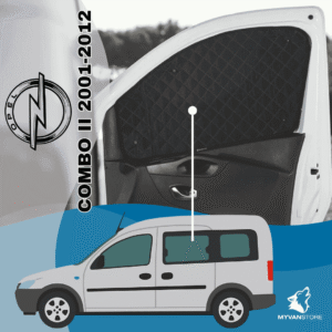Rideaux occultants et isolants thermiques pare-soleil MyVanStore, conçus pour améliorer le confort et l’isolation des vans aménagés et camping-cars, compatibles avec Opel Combo II (2001–2012)