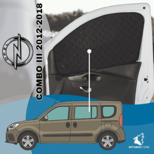 Rideaux occultants et isolants thermiques pare-soleil MyVanStore, conçus pour améliorer le confort et l’isolation des vans aménagés et camping-cars, compatibles avec Opel Combo III (2012–2018)
