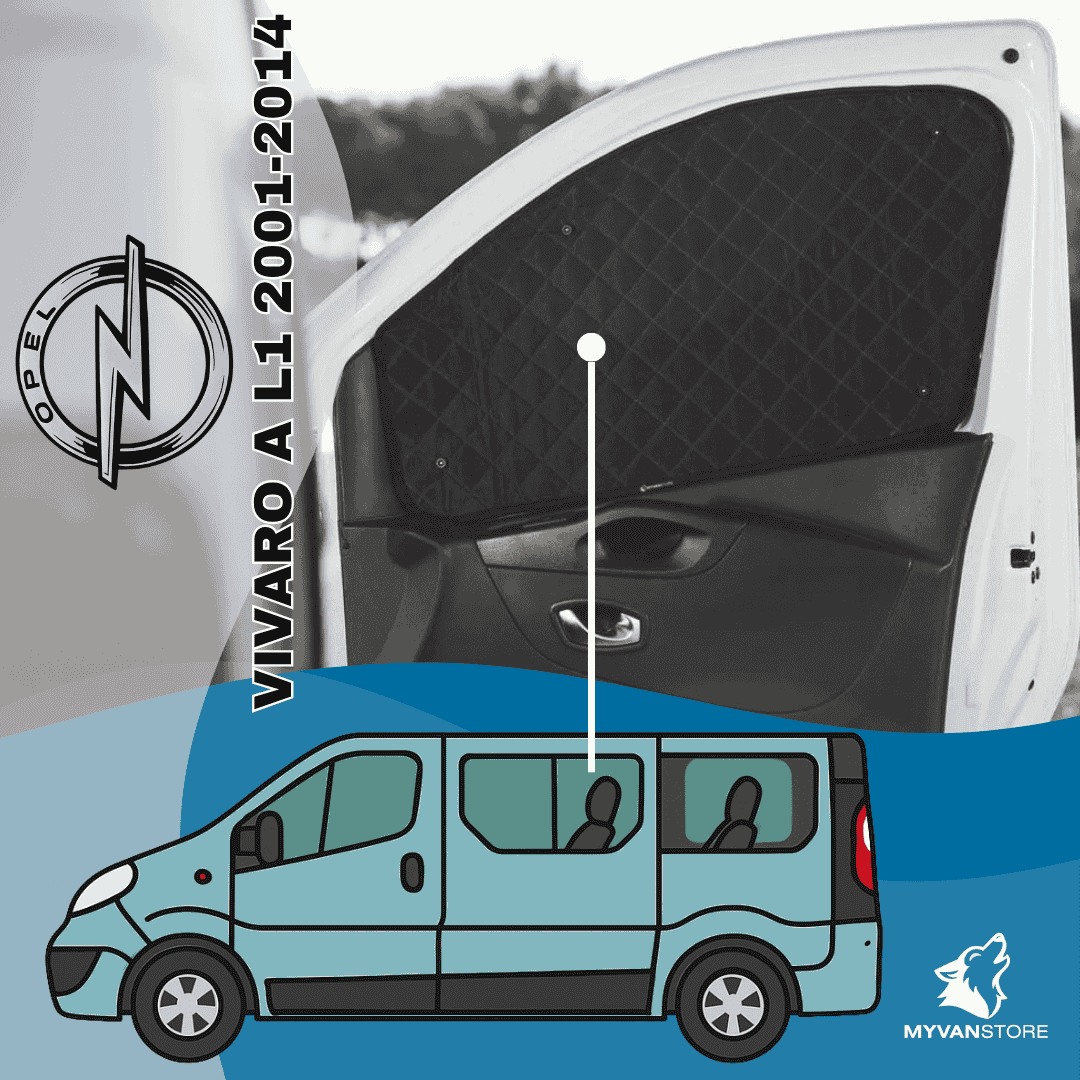 Rideaux occultants et isolants thermiques pare-soleil MyVanStore, conçus pour améliorer le confort et l’isolation des vans aménagés et camping-cars, compatibles avec Opel Vivaro A L1 (2001–2014)