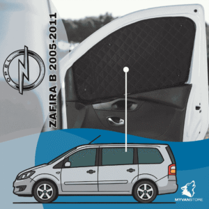 Rideaux occultants et isolants thermiques pare-soleil MyVanStore, conçus pour améliorer le confort et l’isolation des vans aménagés et camping-cars, compatibles avec Opel Zafira B (2005–2011)