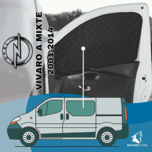Rideaux occultants et isolants thermiques pare-soleil MyVanStore, conçus pour améliorer le confort et l’isolation des vans aménagés et camping-cars, compatibles avec Opel Vivaro A Mixte (2001–2014)