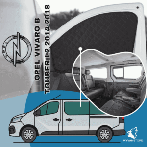 Rideaux occultants et isolants thermiques pare-soleil MyVanStore, conçus pour améliorer le confort et l’isolation des vans aménagés et camping-cars, compatibles avec Opel Vivaro B Tourer L2 (2014–2018)
