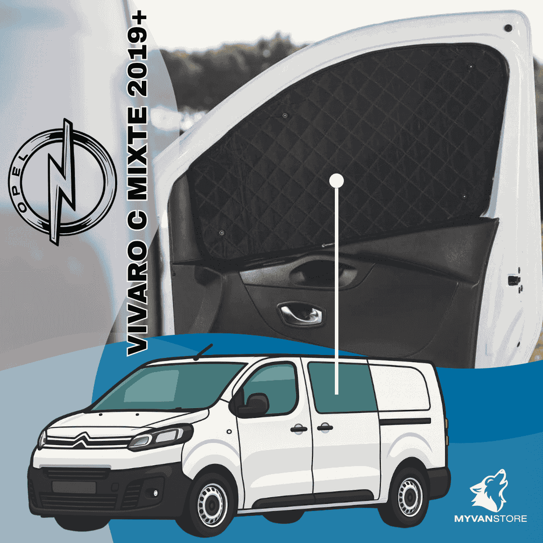 Rideaux occultants et isolants thermiques pare-soleil MyVanStore, conçus pour améliorer le confort et l’isolation des vans aménagés et camping-cars, compatibles avec Opel Vivaro C Mixte (à partir de 2019)