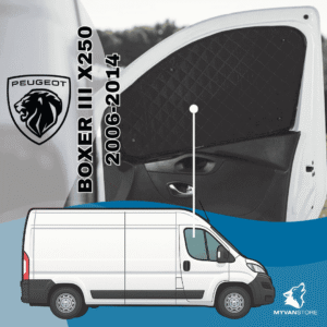Rideaux occultants et isolants thermiques pare-soleil MyVanStore, conçus pour améliorer le confort et l’isolation des vans aménagés et camping-cars, compatibles avec Citroën Jumper / Peugeot Boxer X250