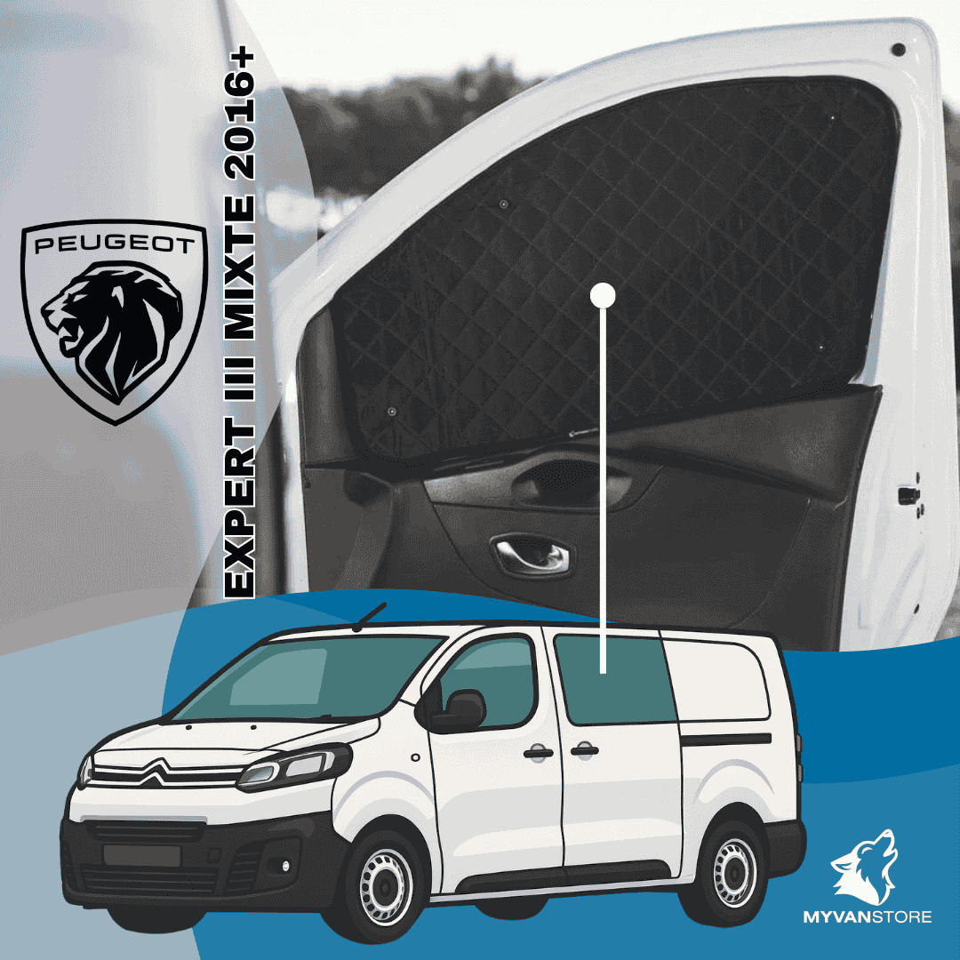 Rideaux occultants et isolants thermiques pare-soleil MyVanStore, conçus pour améliorer le confort et l’isolation des vans aménagés et camping-cars, compatibles avec Peugeot Expert III Mixta (à partir de 2016)