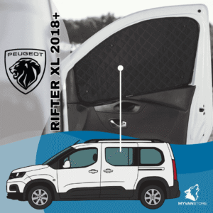 Rideaux occultants et isolants thermiques pare-soleil MyVanStore, conçus pour améliorer le confort et l’isolation des vans aménagés et camping-cars, compatibles avec Peugeot Rifter XL (à partir de 2018)