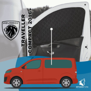 Rideaux occultants et isolants thermiques pare-soleil MyVanStore, conçus pour améliorer le confort et l’isolation des vans aménagés et camping-cars, compatibles avec Peugeot Traveller Compact (à partir de 2016)