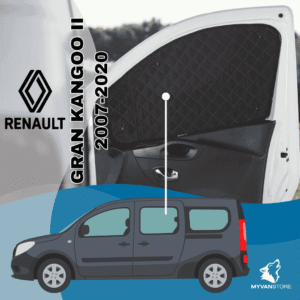 Rideaux occultants et isolants thermiques pare-soleil MyVanStore, conçus pour améliorer le confort et l’isolation des vans aménagés et camping-cars, compatibles avec Renault Grand Kangoo II (2007–2020)