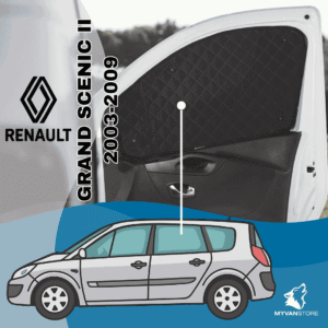 Rideaux occultants et isolants thermiques pare-soleil MyVanStore, conçus pour améliorer le confort et l’isolation des vans aménagés et camping-cars, compatibles avec Renault Grand Scénic II (2003–2009)